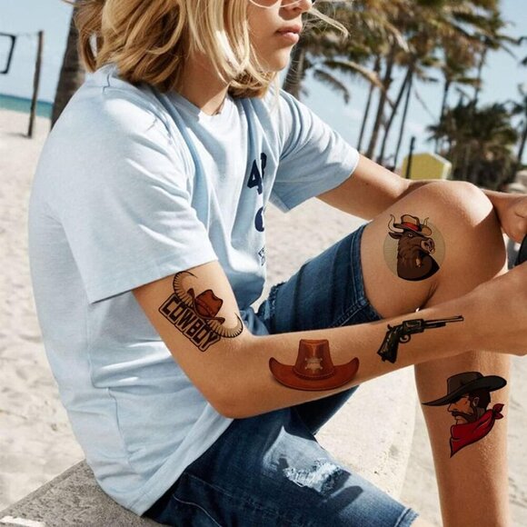 CHARLENT Cowboy Temporary Tattoos for Kids, 100 PCS Western Tattoos for Parties - Picture 4 of 6